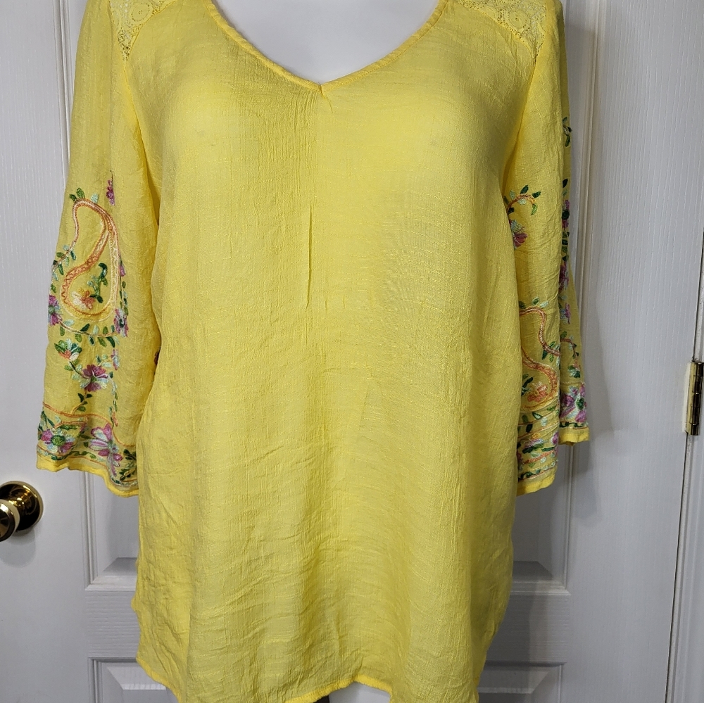 Yellow V-Neck Embroidered Women's Top
